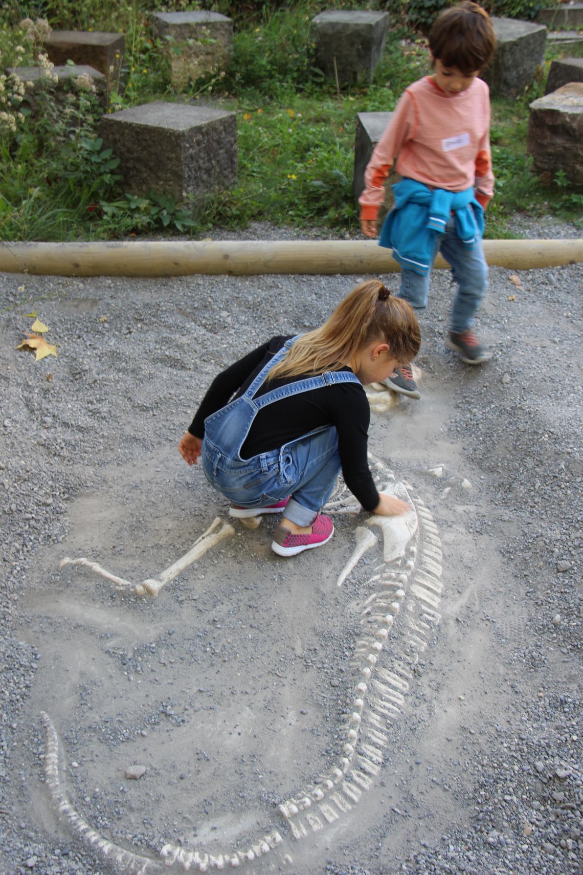 Ein Mädchen und ein Junge graben ein «Saurierskelett» aus