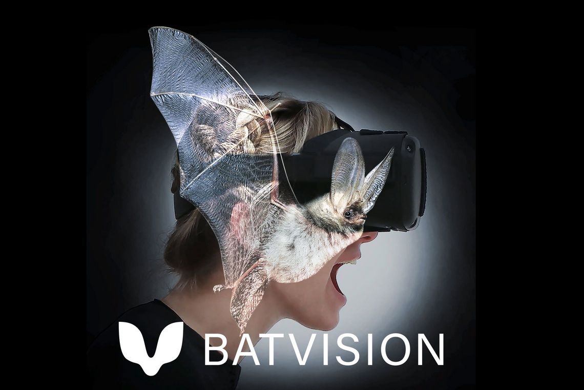 Frau mit einer VR-Brille, überlagert von der Silhouette einer Fledermaus