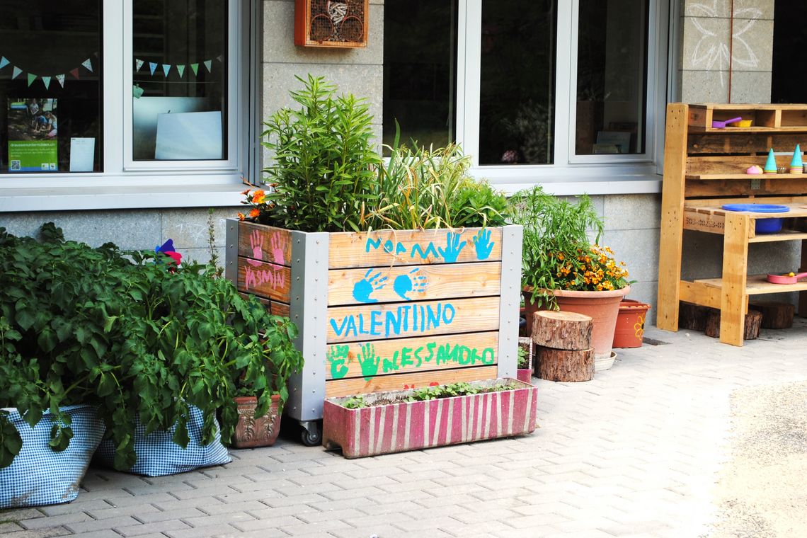 Hochbeet und Pflanzentöpfe bei Schule Zofingen