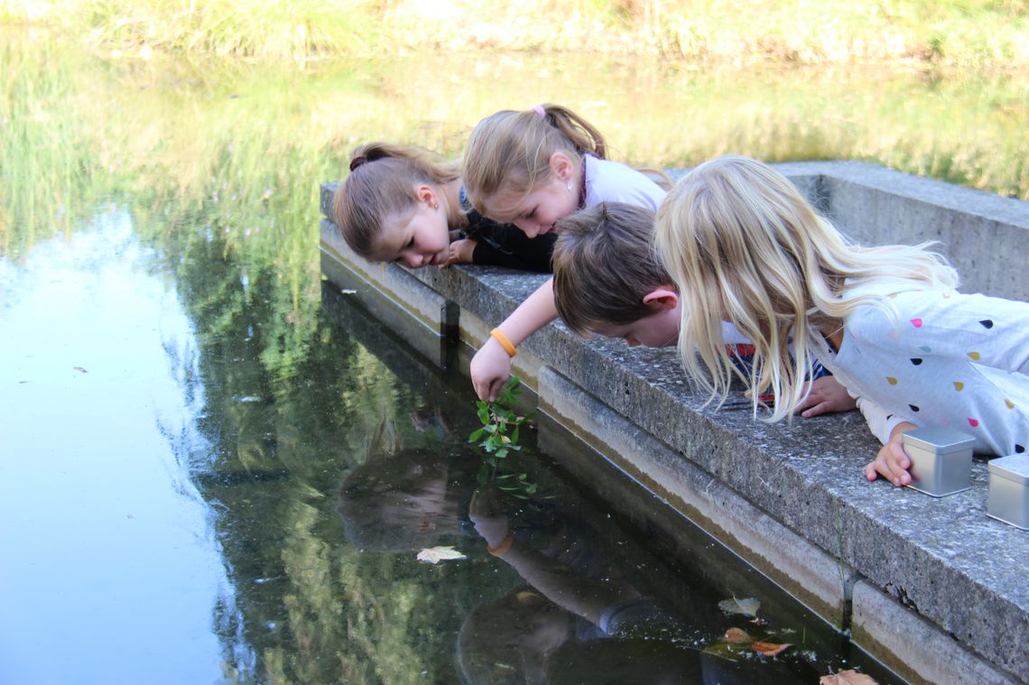 Kinder am Rand des Naturama-Teiches